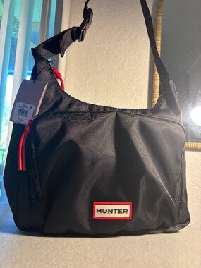 NWT Hunter Black Crossbody Shoulder Bag Nylon Red Logo Messenger Travel Bag